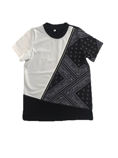 kids tshirt with black and white bandana print on the front 