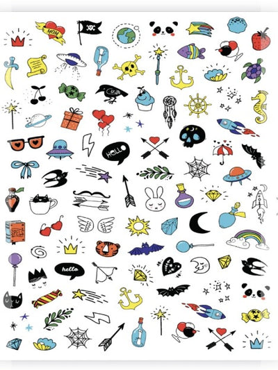 sheet of mixed mini tattoo designs containing images such as space ships, glasses, lightening bolts, spider webs 