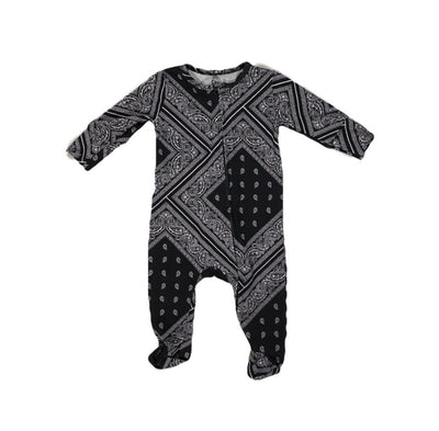baby all in one romper featuring black and white bandana/paisley print